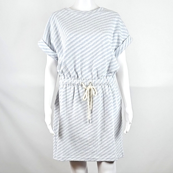 NWT Lou & Grey Light Blue & White Stripe Boucle Cap Sleeve Pocket Dress - Picture 1 of 16